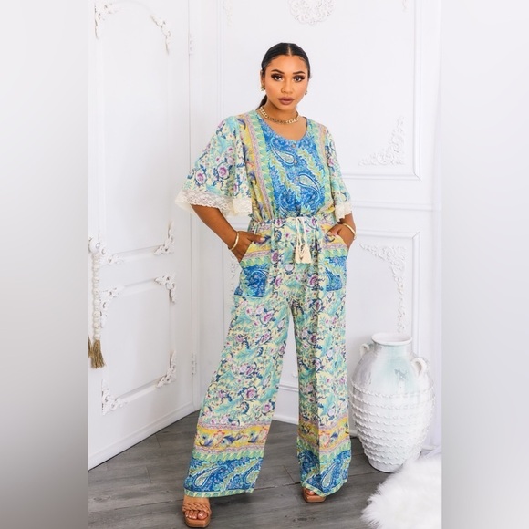 Paisley Print Jumpsuit in Blue and Yellow - Picture 2 of 6